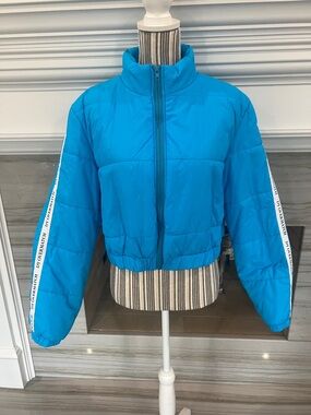 Cropped Bright Blue Puffer Jacket with Side Tape